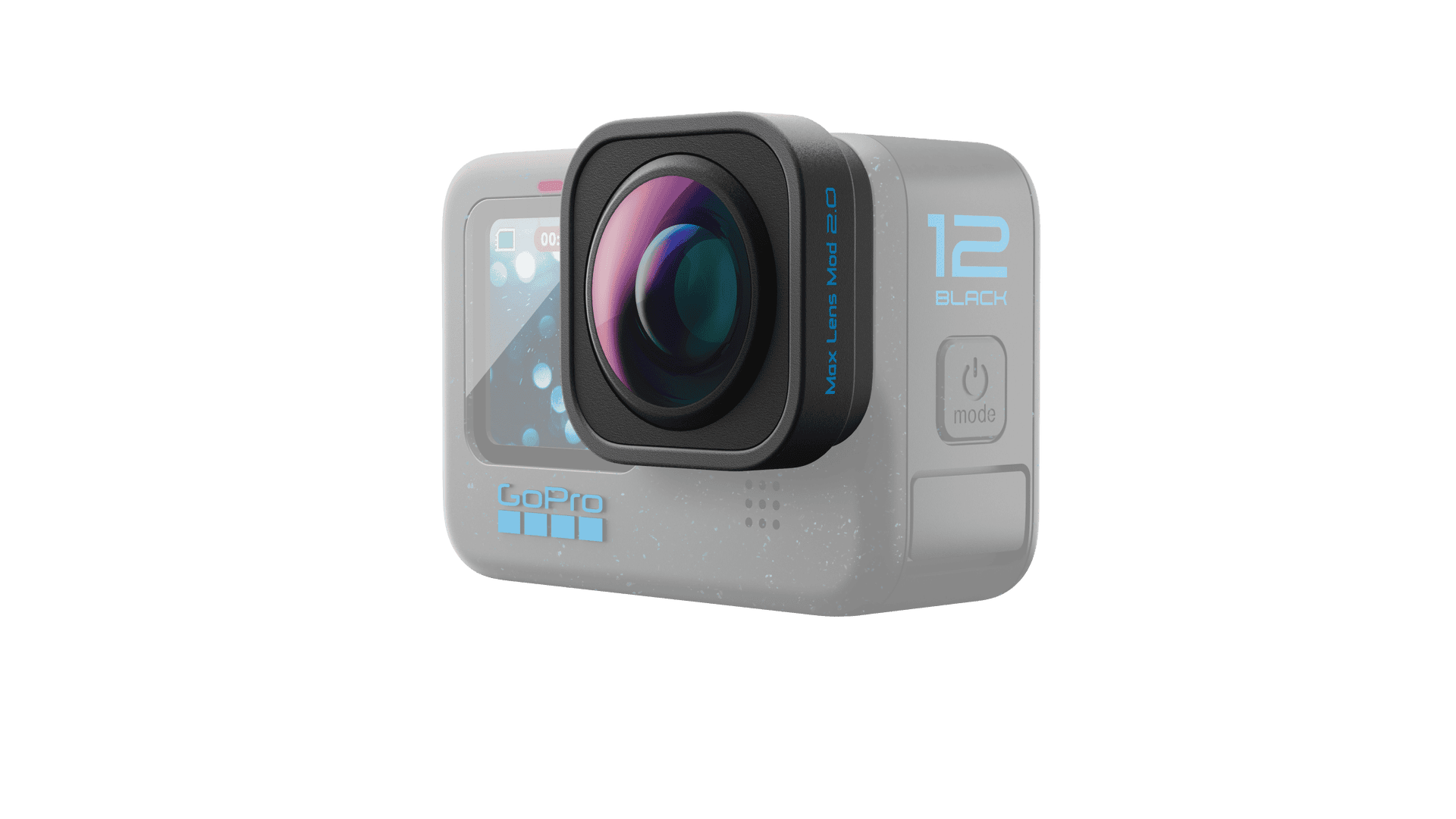 Max Lens Mod 2.0 attached to an action camera, showcasing its sleek design and enhanced lens capabilities for capturing wide-angle shots.