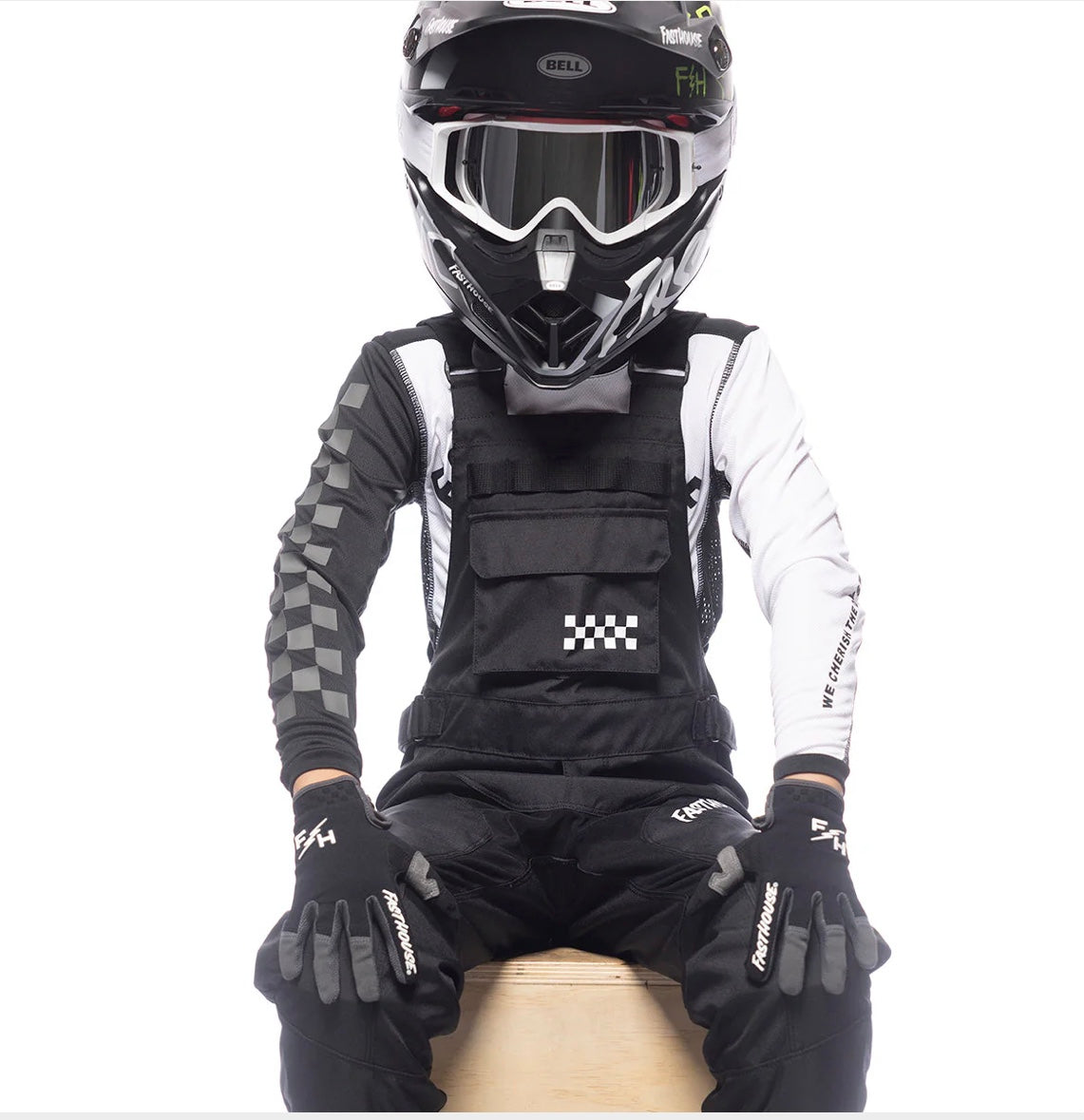 Black Youth Carbon Motorall pants for kids, front view, durable motocross gear