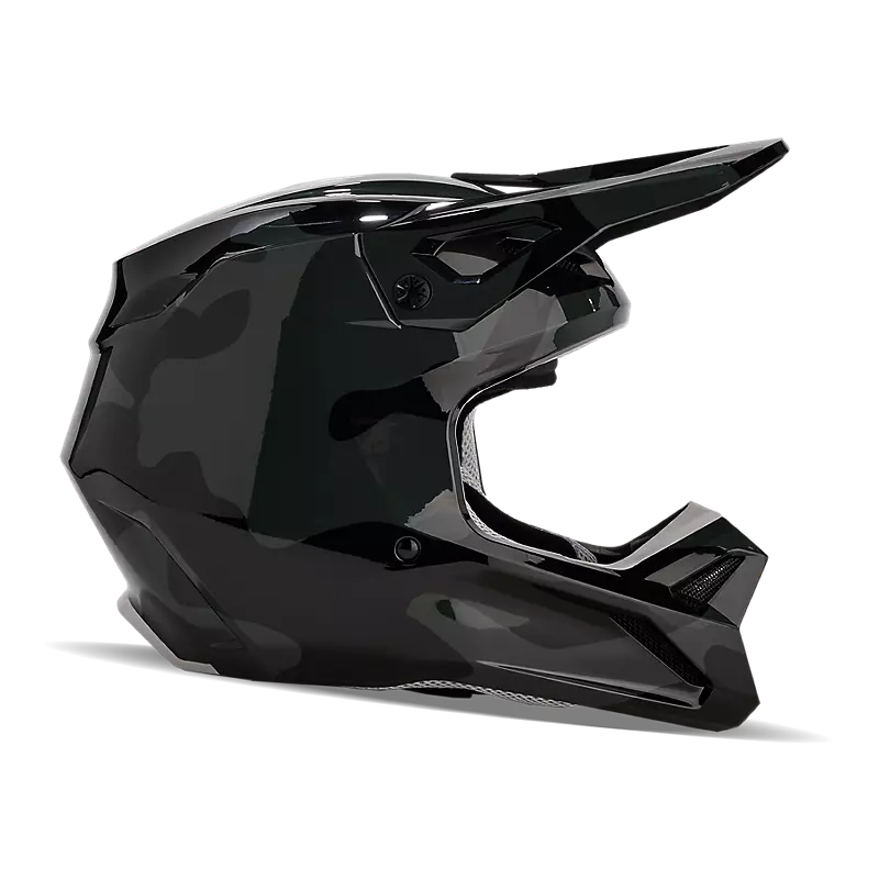 "Youth V1 Bnkr Helmet in Black Camouflage design on white background"