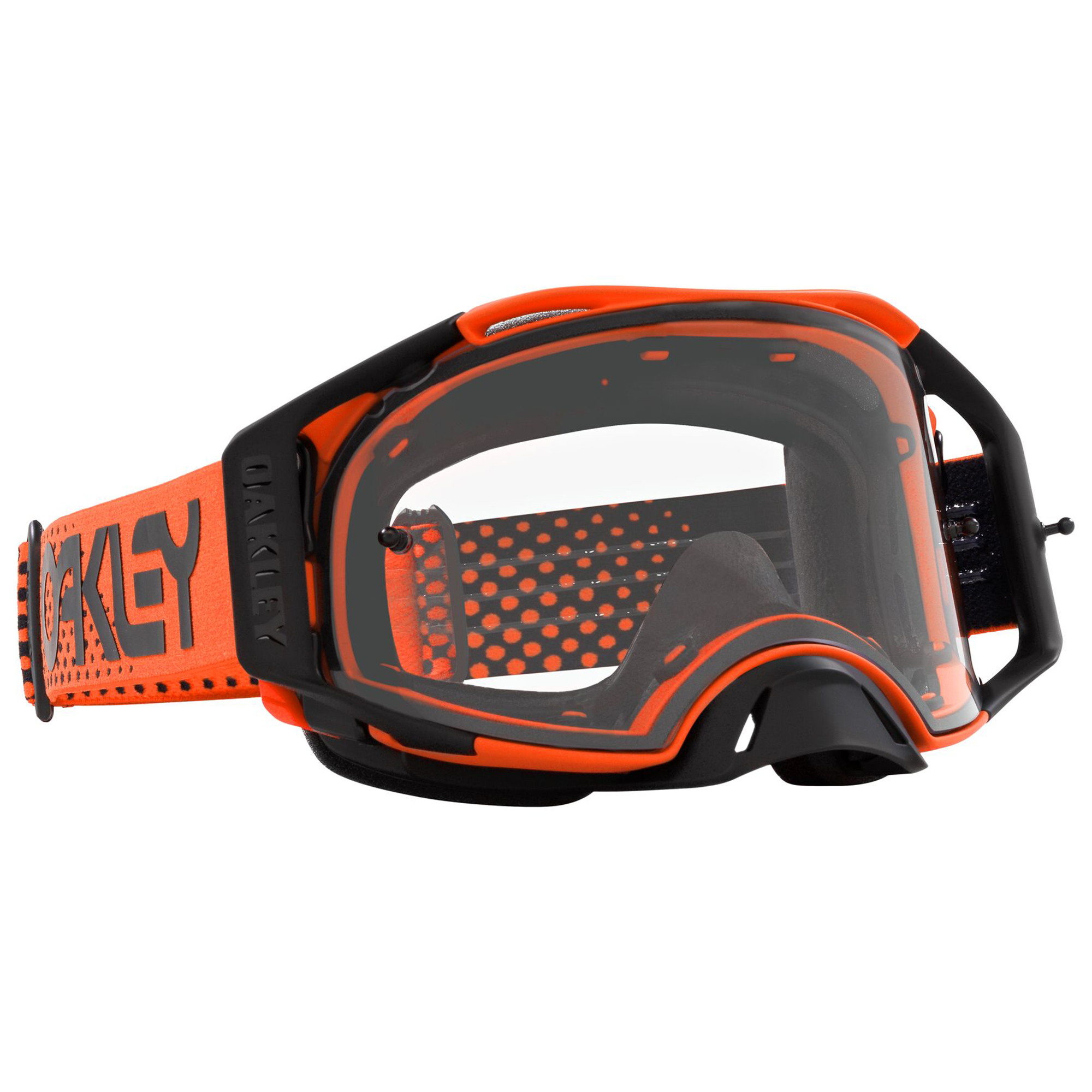 Oakley Airbrake MX Moto Orange B1B w/Clear motocross goggle, front view