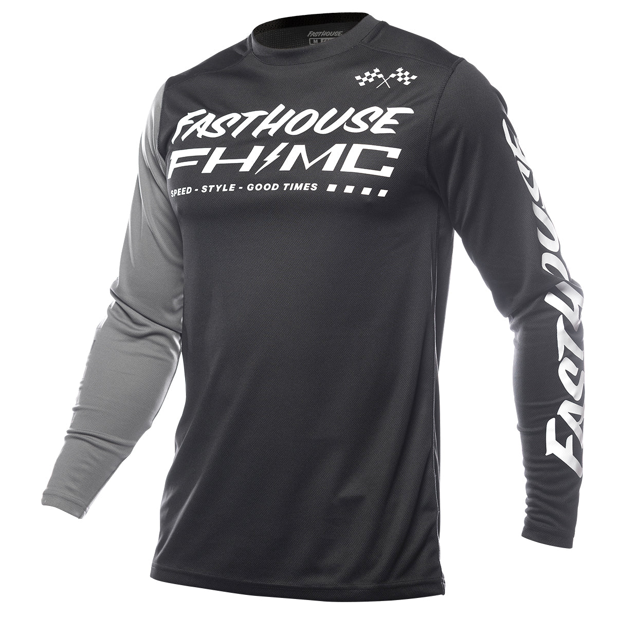 Black and gray Carbon Method cycling jersey displayed on a mannequin