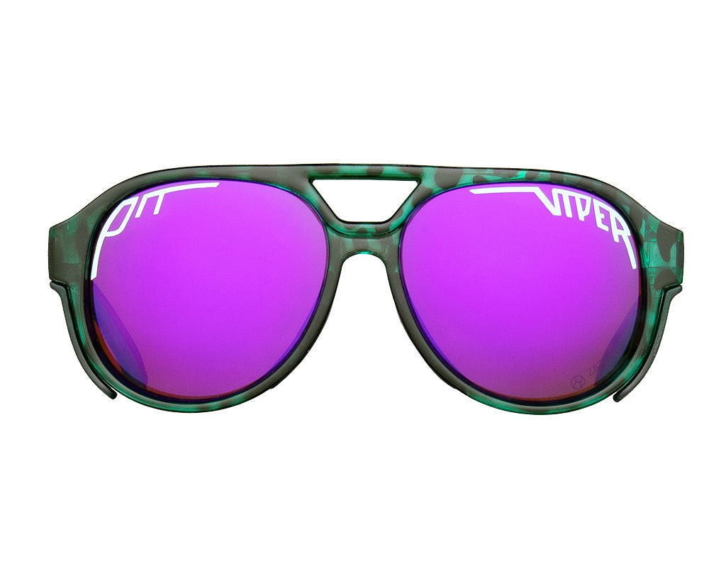 Colorful beach sunglasses with a Galapagos sunset reflection on the lenses