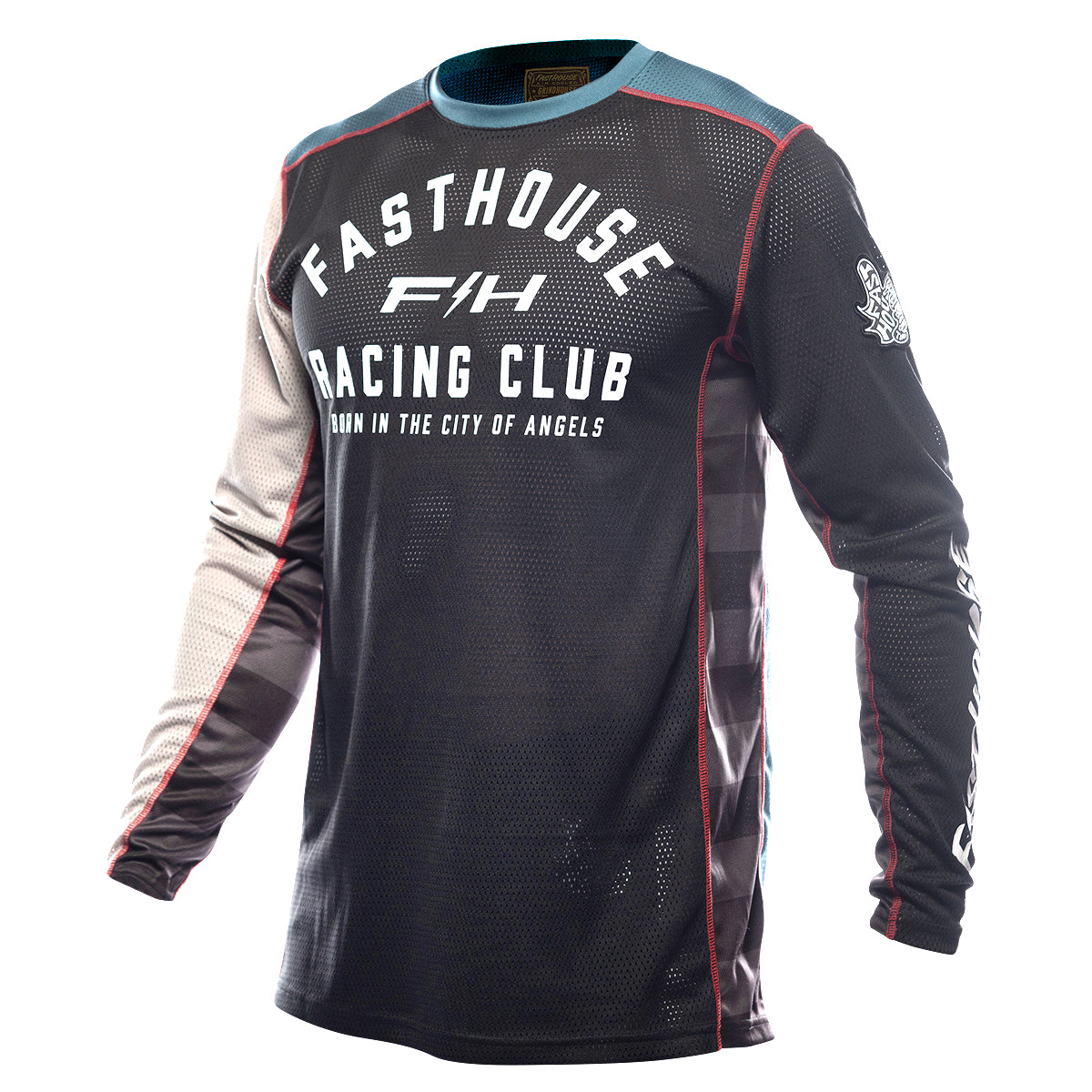 Black and teal Grindhouse Air-Cooled Club Jersey displayed on a mannequin, highlighting breathable fabric and modern athletic design