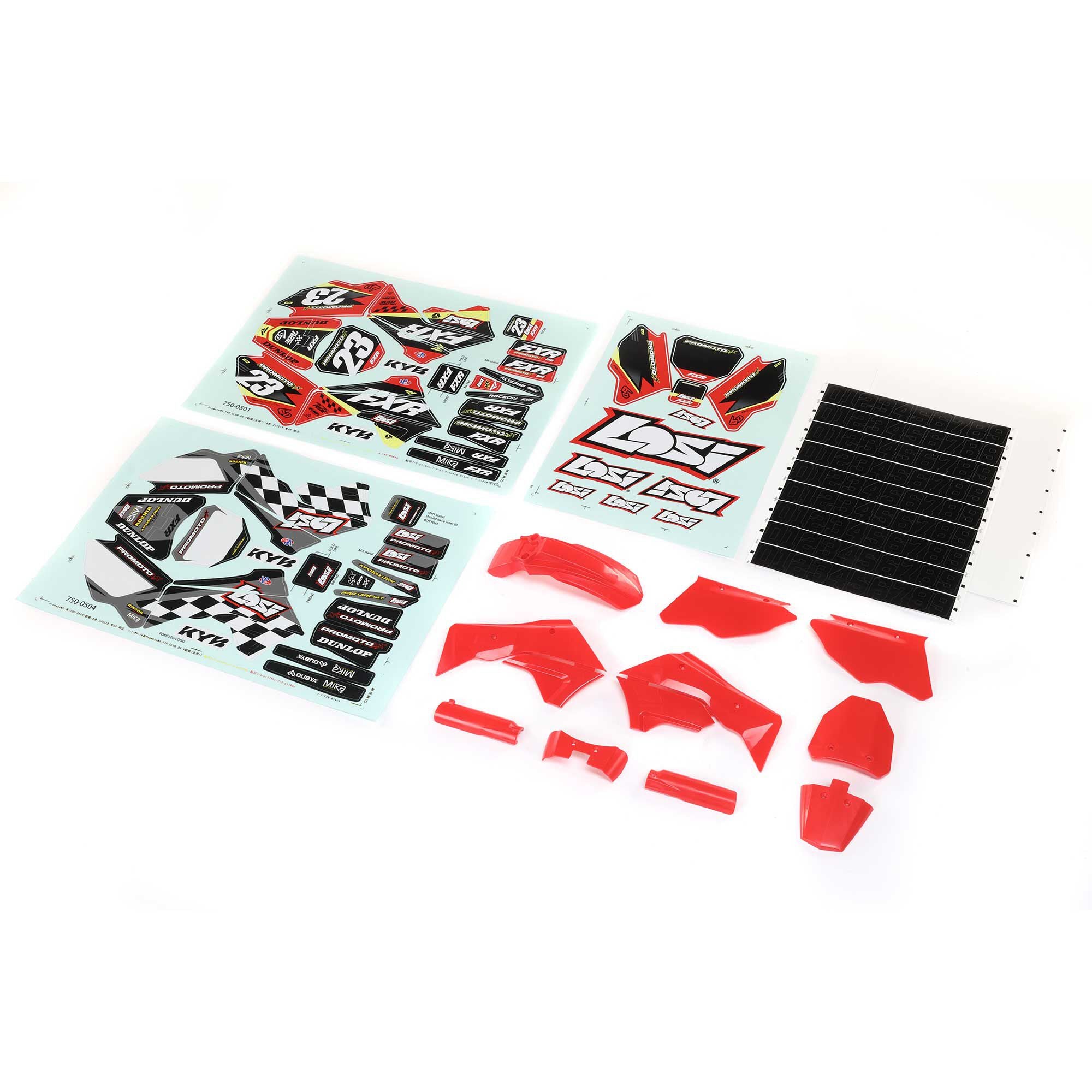 Red Promoto-MX motorcycle plastics with wraps on white background