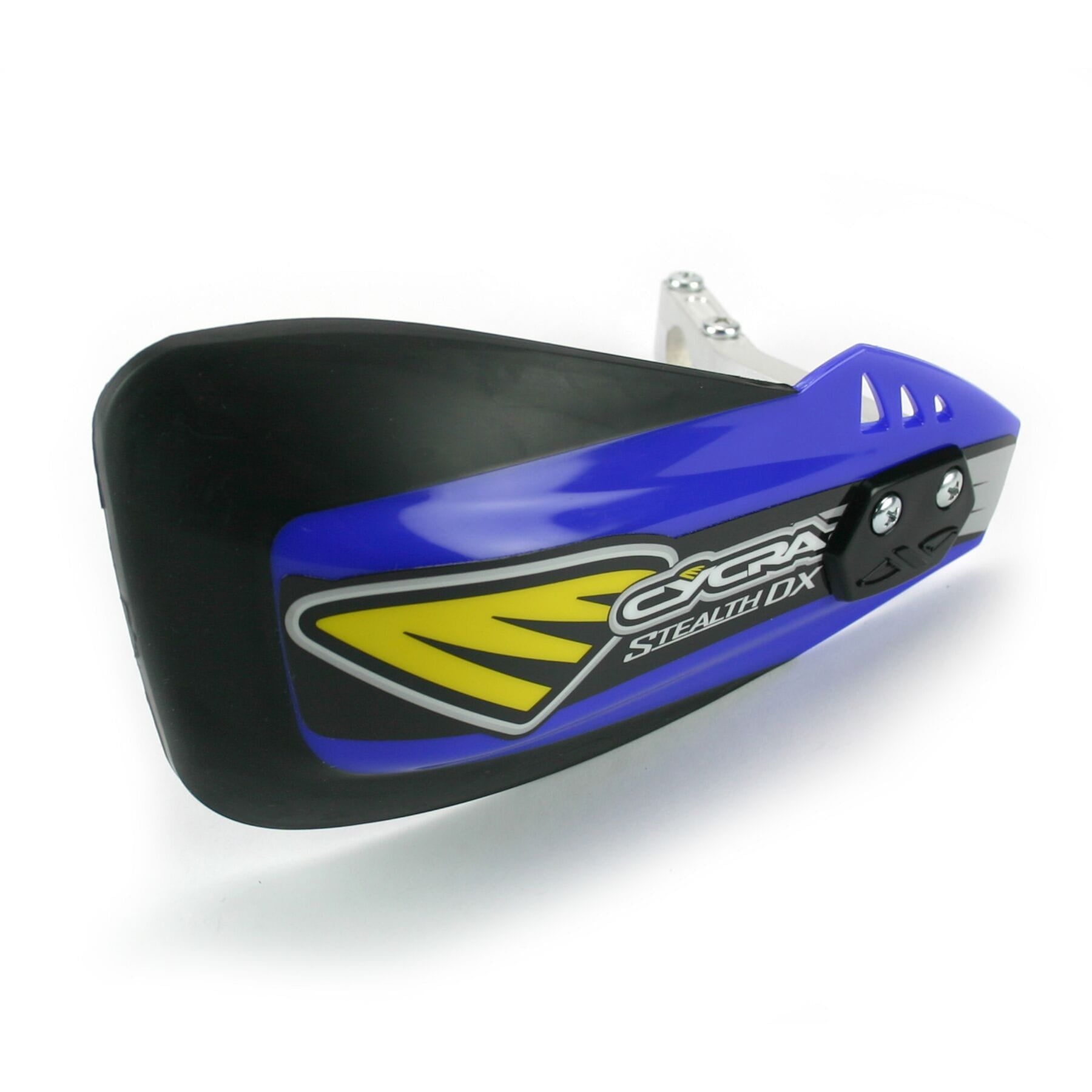 Stealth DX Handguard Blue installed on motorcycle handlebars, showcasing sleek design and vibrant color