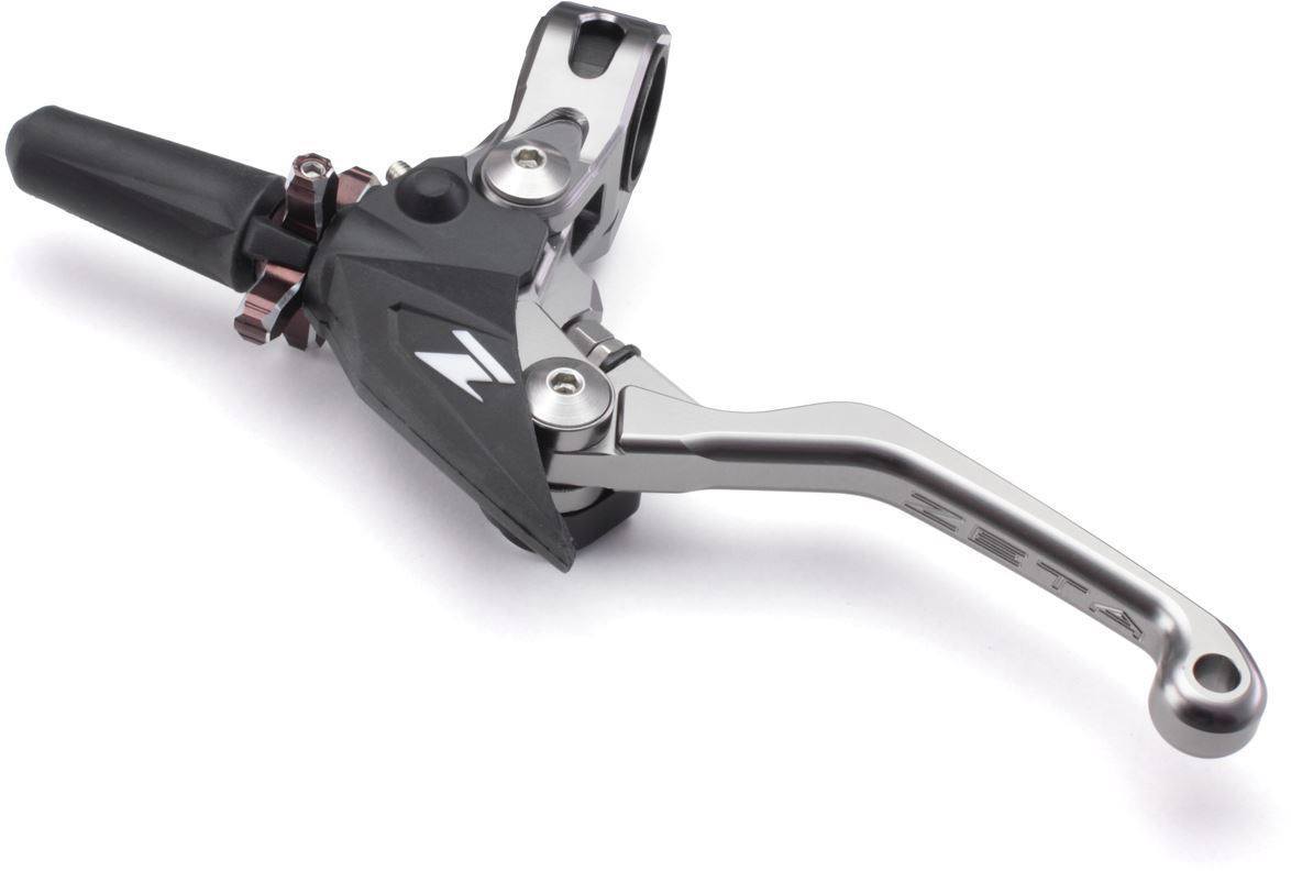 Complete pivot clutch lever perch set with 4-finger design in Ti-colour and red finish.