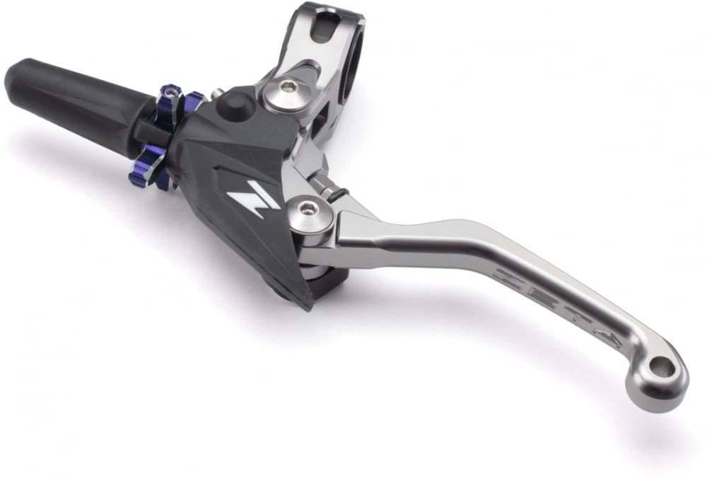 Complete Pivot clutch lever perch set with 3-finger design in titanium blue color.