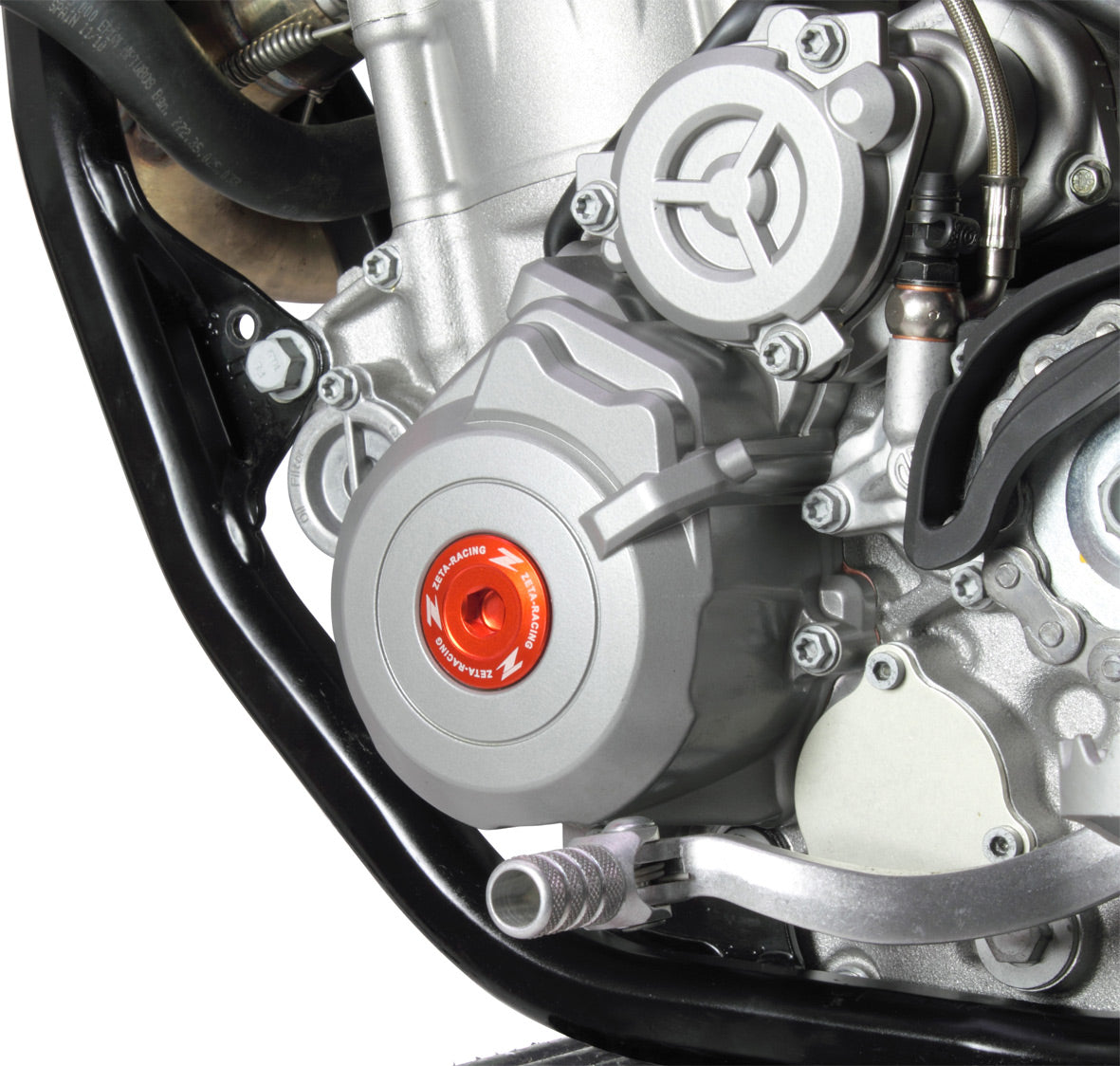 Engine plugs for KTM 250/350 (2012-2022) and 450 (2007-2012) in vibrant orange color.