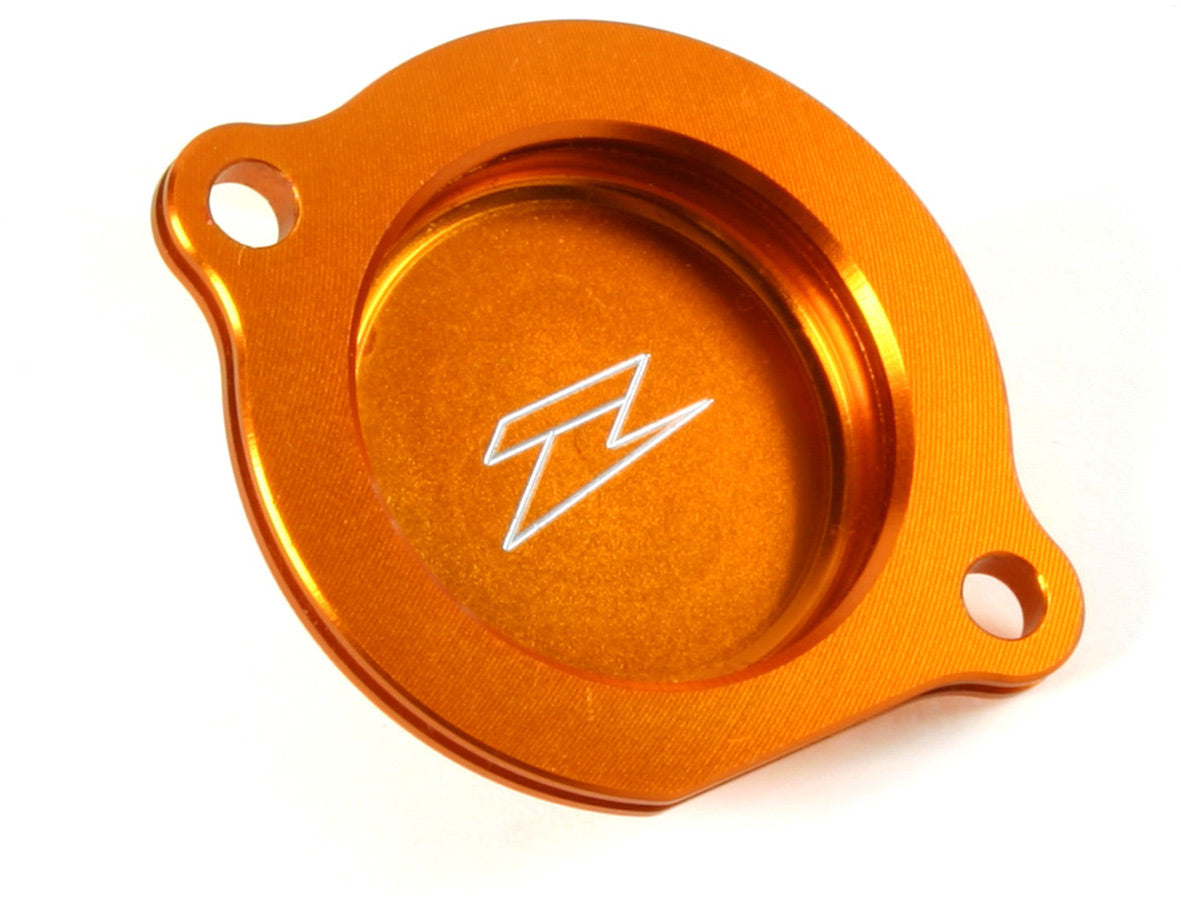 Oil filter cover for KTM SXF450 2013-2015 and EXC450 2012-2016 in orange color.