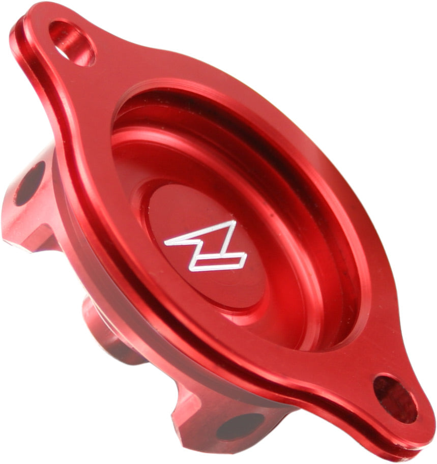 Oil filter cover for KXF450 and KLX450R models from 2008 to 2015 in red color.