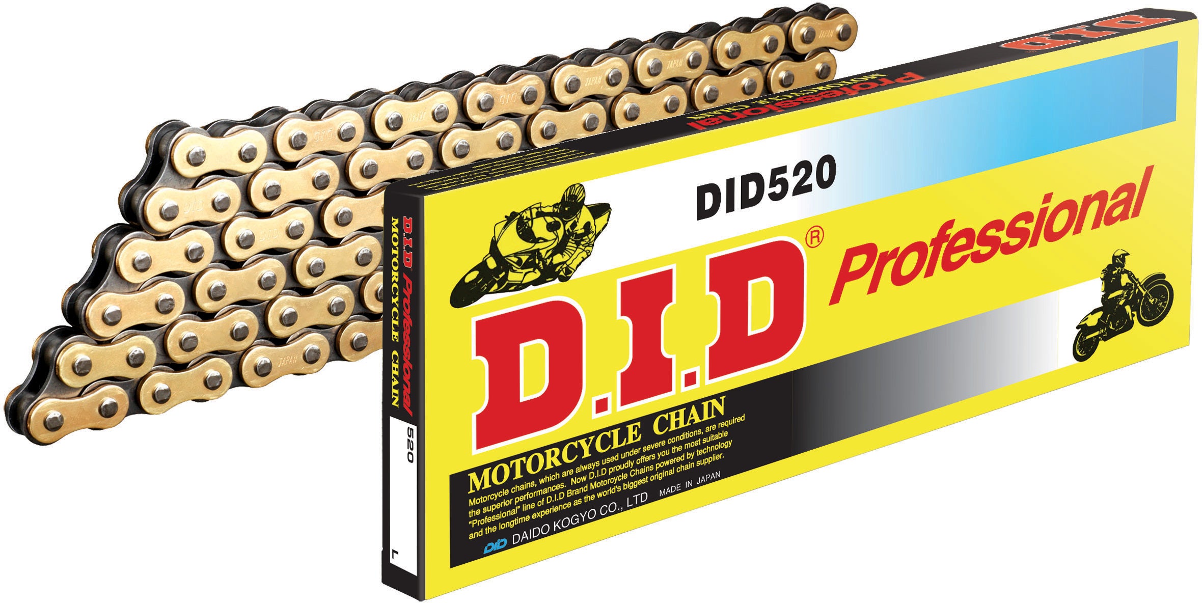 Gold and black 520 motorcycle chain with 120 links on a white background