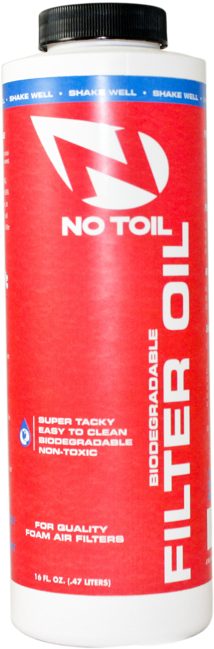 NoToil Air Filter oil bottle with label featuring a green and white design, designed for cleaning and maintaining air filters in off-road vehicles.