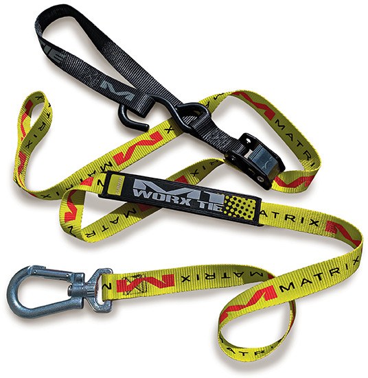 M1.0 Worx Tie Down Set featuring adjustable straps and sturdy hooks for secure cargo holding.