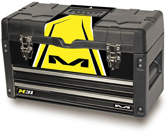 M31 Worx Box on a wooden surface with tools and accessories inside its compact design.