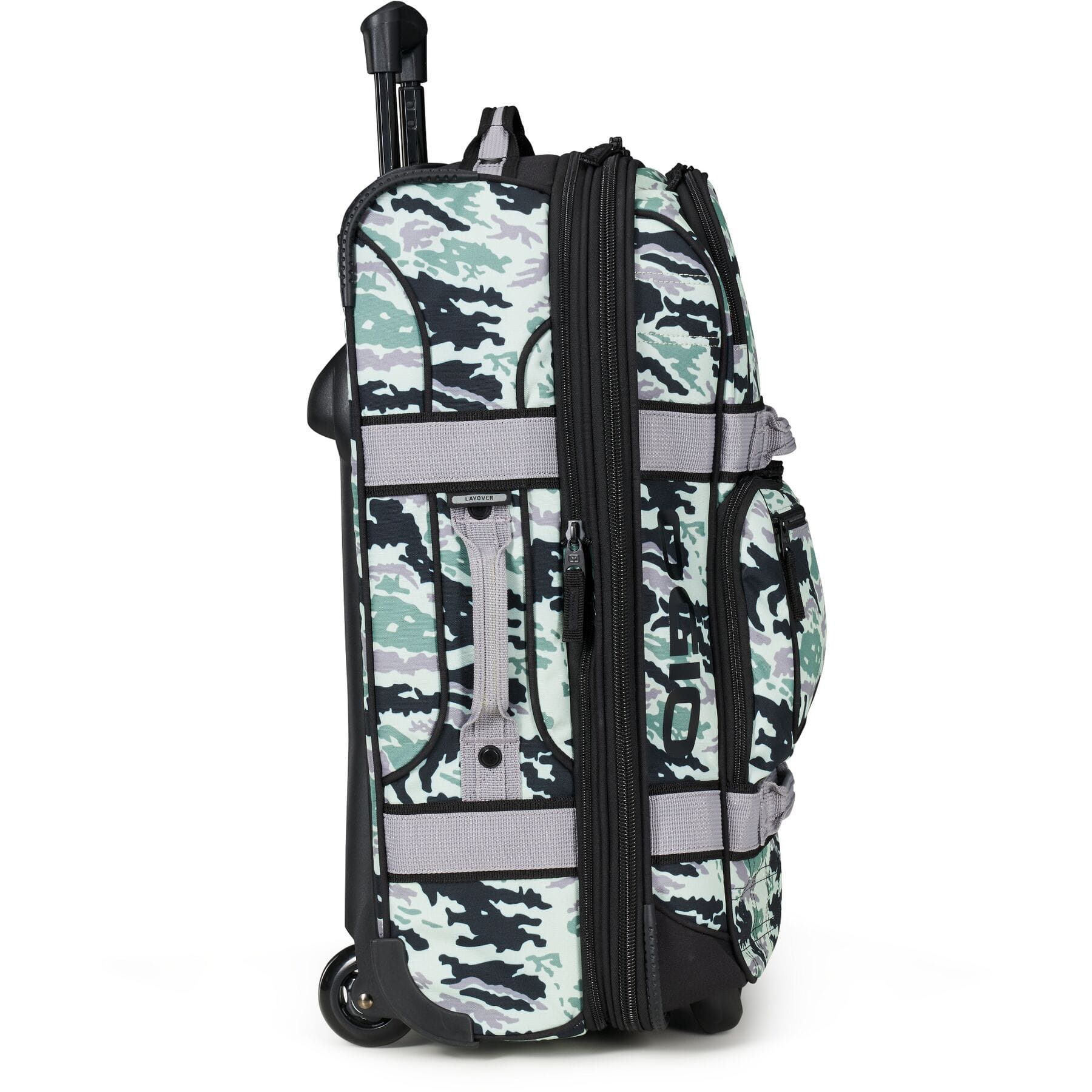 Layover Wheeled Travel Bag in Double Camo pattern, featuring durable wheels and spacious compartments for easy travel.