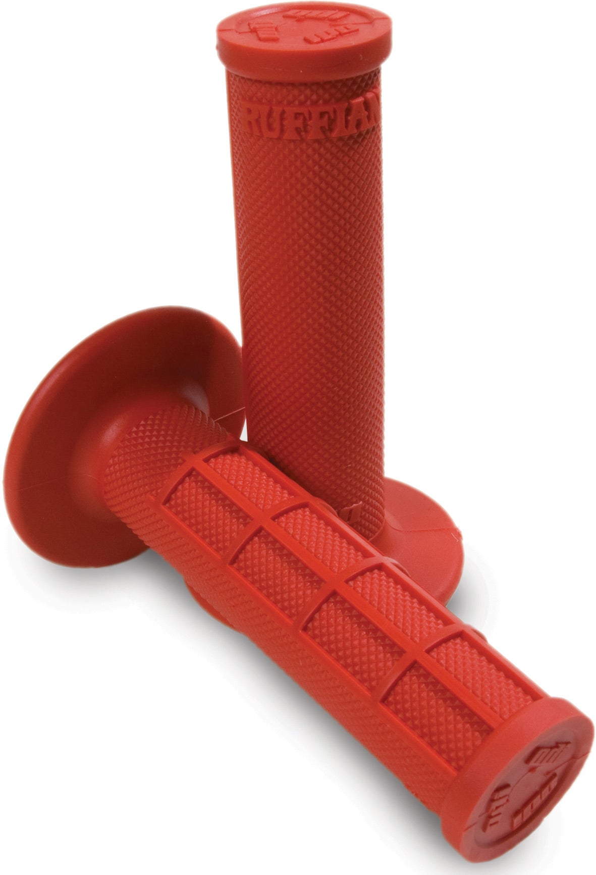 Ruffian Half-Waffle Grips for bicycles in black and gray, featuring a textured surface for enhanced grip and control.