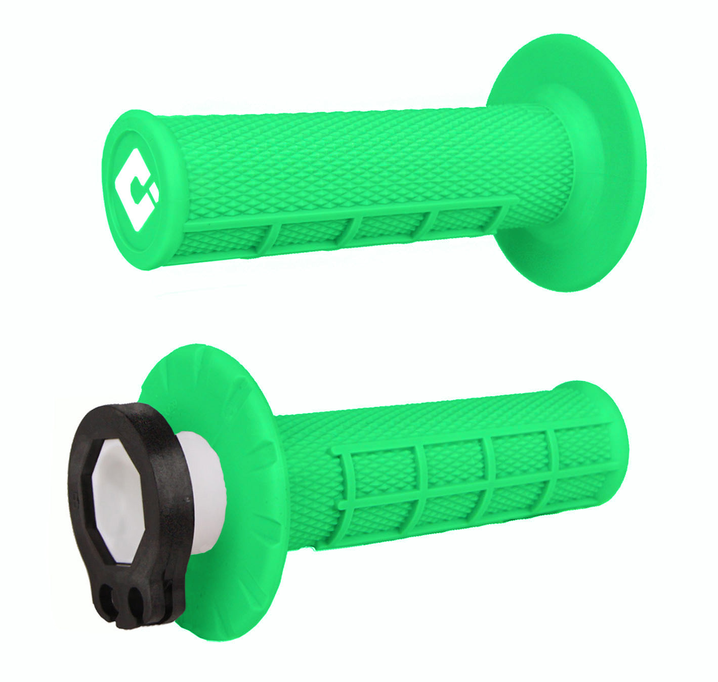 Half Waffle MX Lock-On Grip Set in black and green, showcasing a textured surface for enhanced grip and comfort on handlebars.