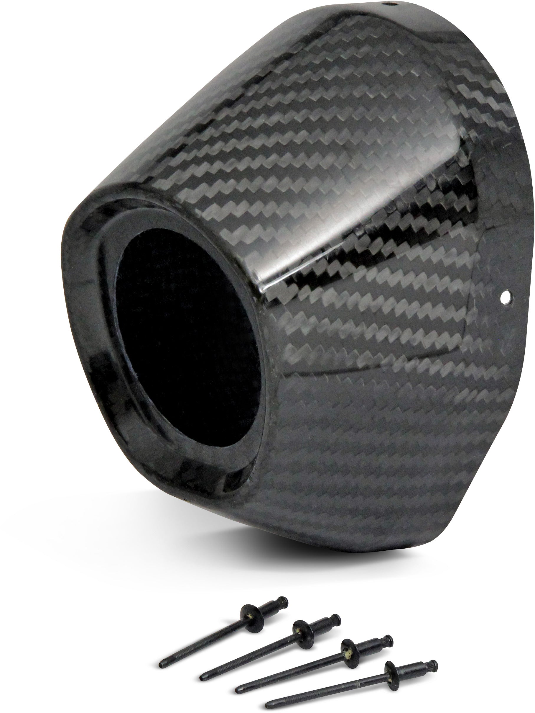 Carbon end cap for 3.5" hole, designed to fit CRF Dual motorcycles, showcasing its sleek design and durable material.