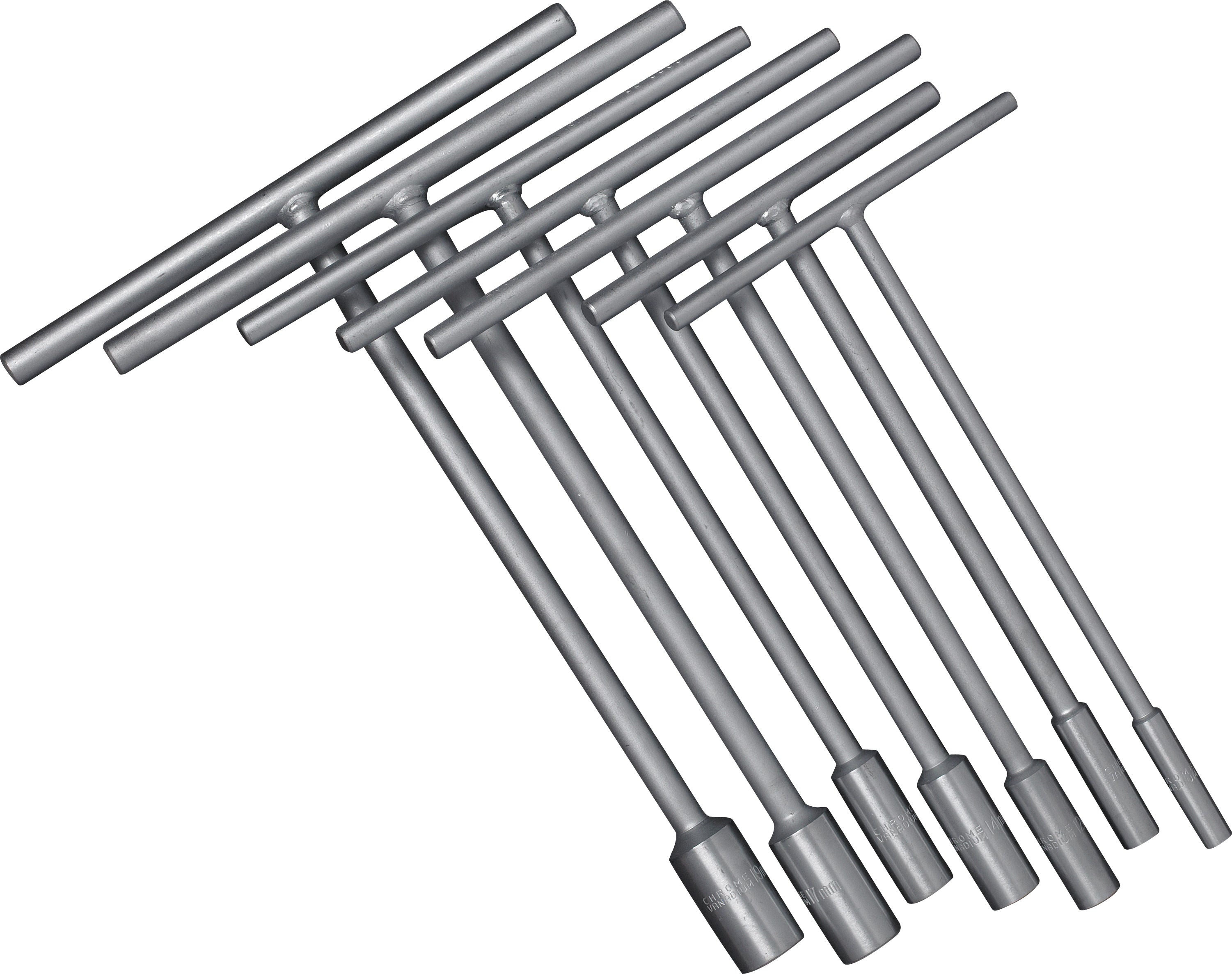 T-Handle sockets set of 7 including sizes 8mm, 10mm, 12mm, 13mm, 14mm, 17mm, and 19mm on a white background.