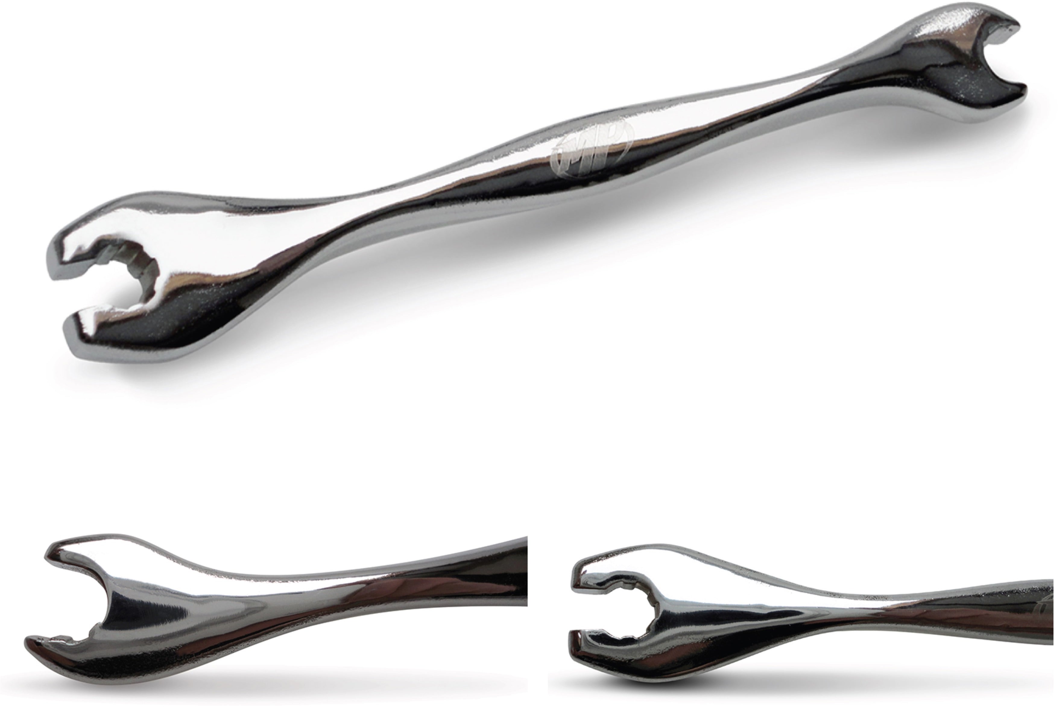 Spline drive ergo spoke wrench with ergonomic handle and precision tool design for bicycle maintenance.