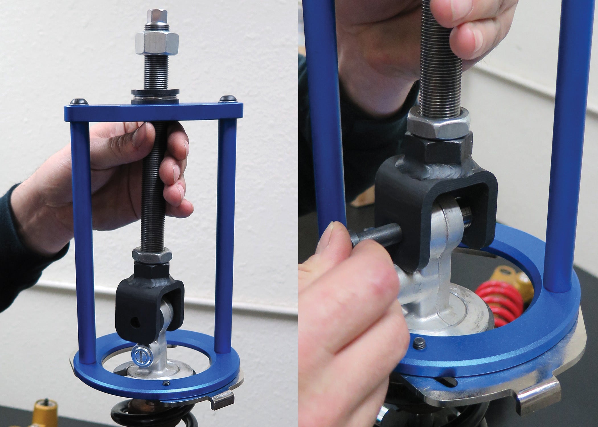 Shock spring compressor tool designed for safely compressing and adjusting coil springs in automotive applications.