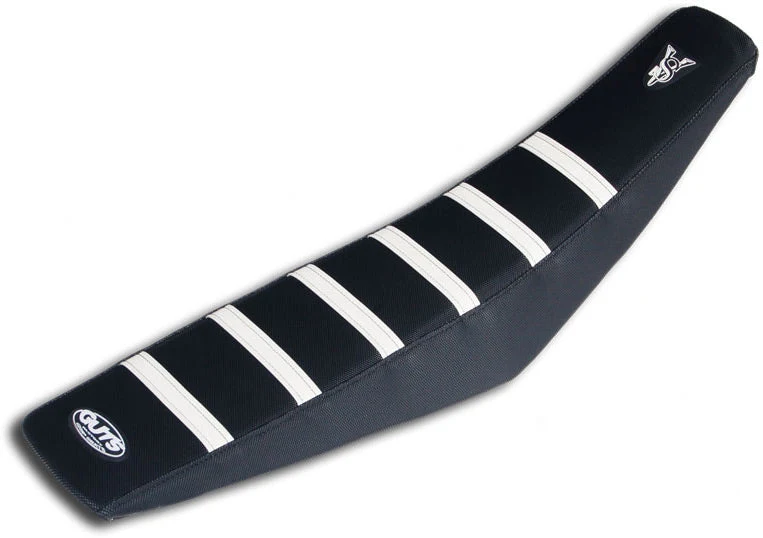 Ribbed Velcro cover in black with white ribs designed for Kawasaki KX65 (2000-2024) and KLX110 (2002-2024) models.