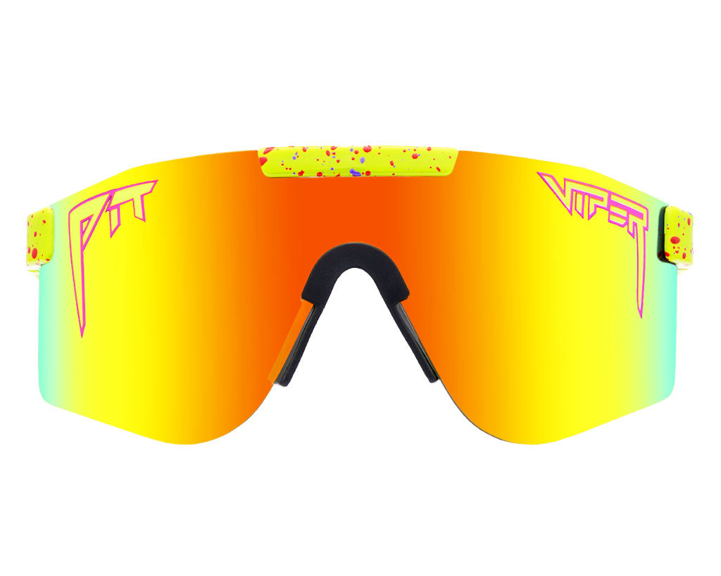1993 Polarized Double Wide sunglasses with wide frame and reflective lenses on white background