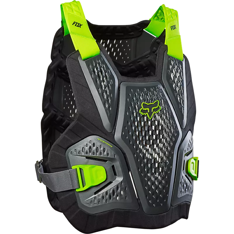 Raceframe Impact CE Chest Guard in Grey color, front and side view, protective gear for motocross and mountain biking
