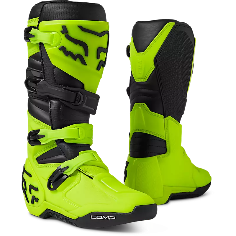 Comp Boots in Flo Yellow color, showcasing sleek design and durable material for outdoor adventures