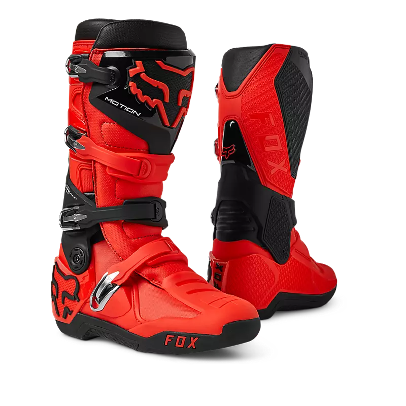 Motion Boots Flo Red shown from various angles highlighting the sleek design and vibrant red color.