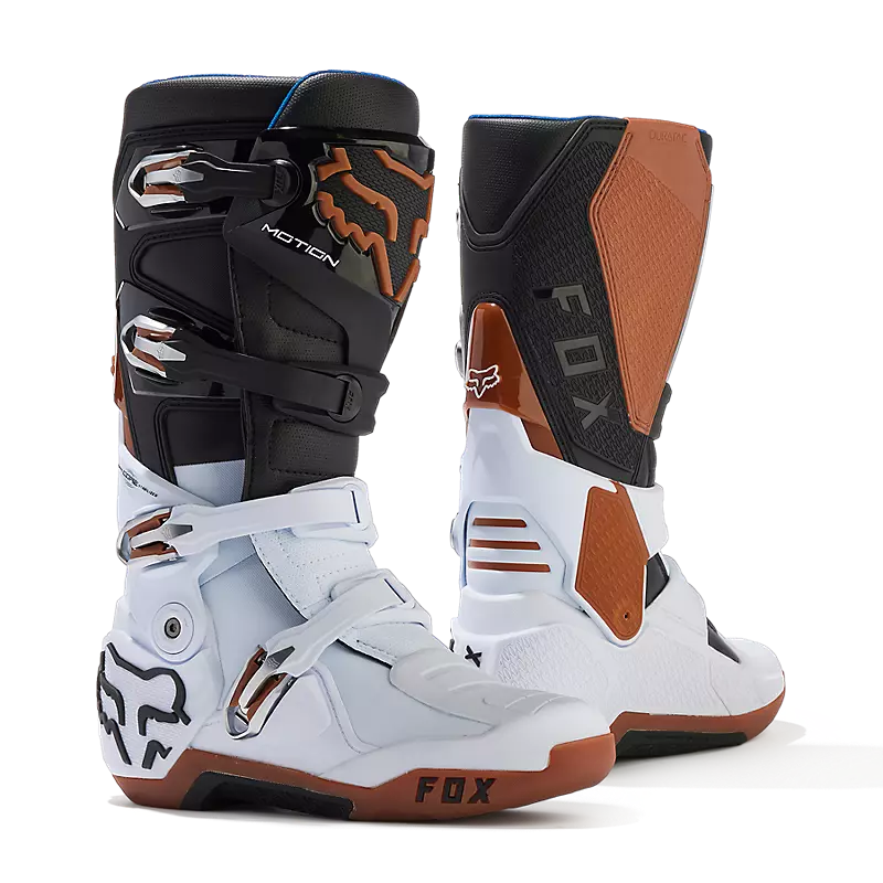 Motion Boots in Black, White, and Gum color combination, side and top view