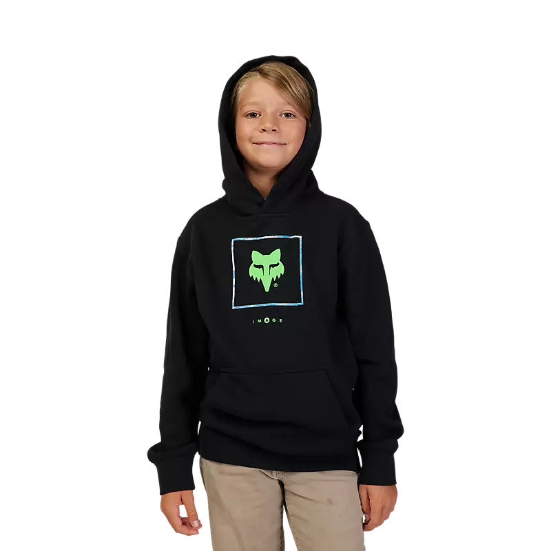 Youth Atlas Pullover Hoodie on a model, showcasing the front design and hood detail.