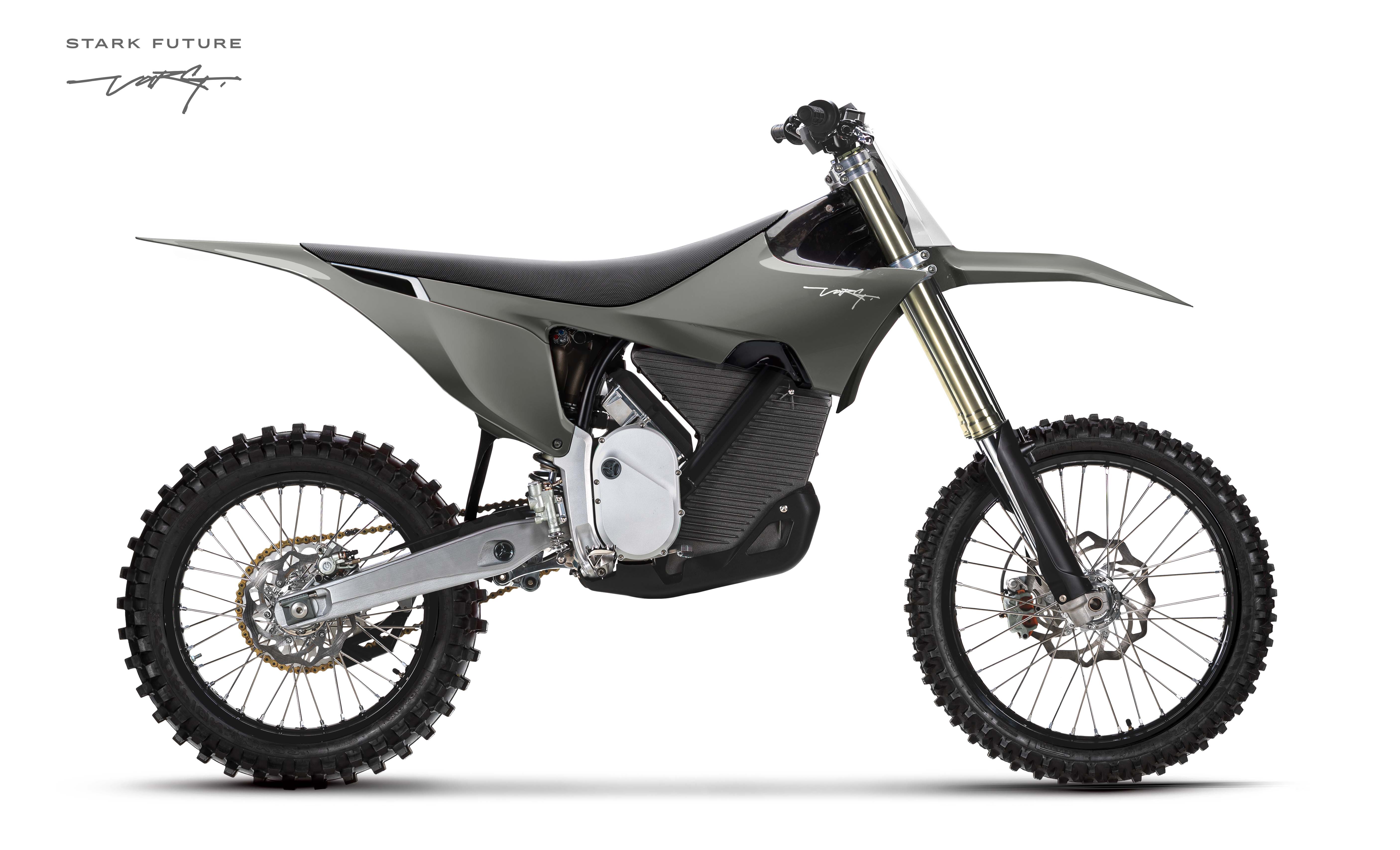 Stark Varg electric motorcycle in Forest Grey, angled view