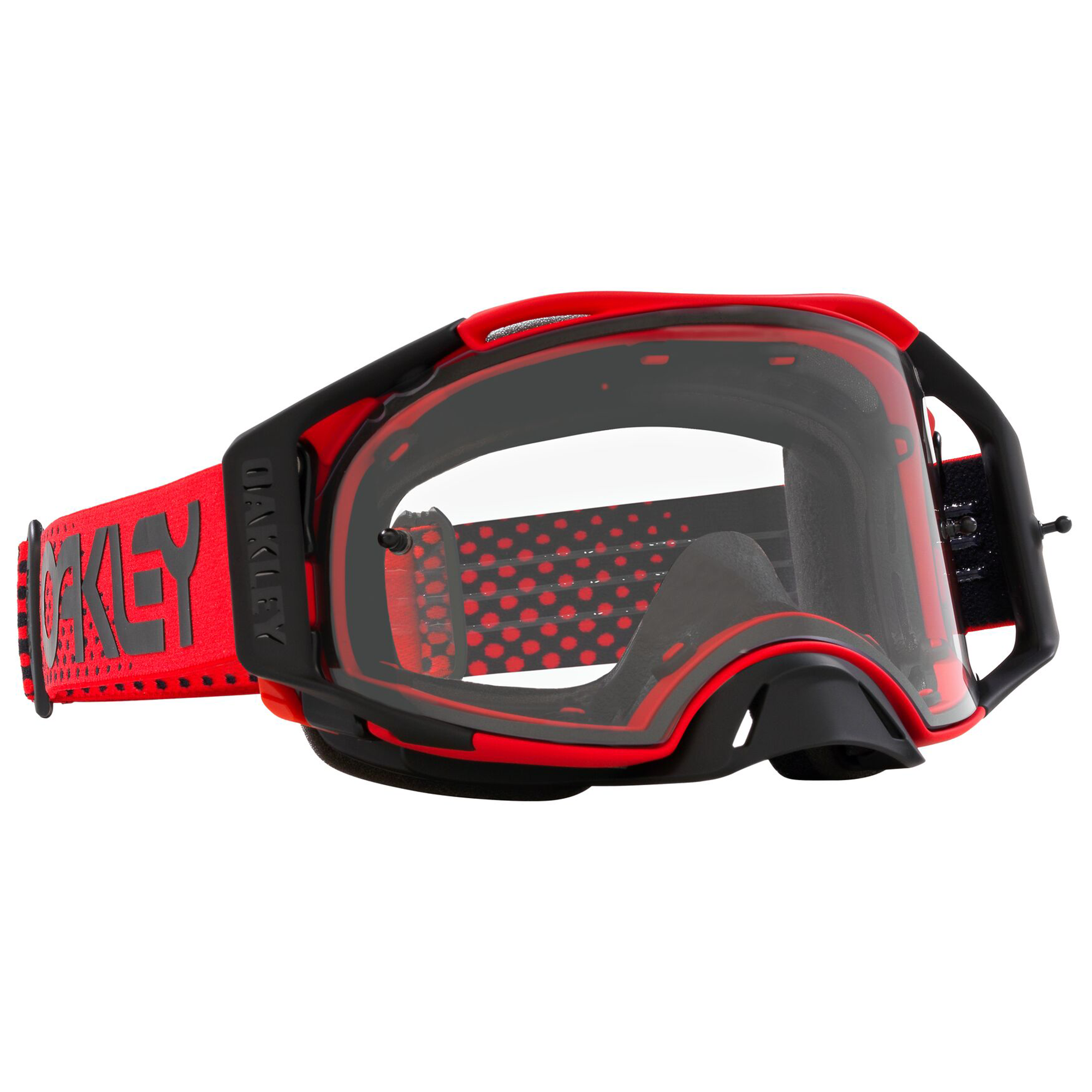 Oakley Airbrake MX Moto Red B1B w/Clear motocross goggle, front view