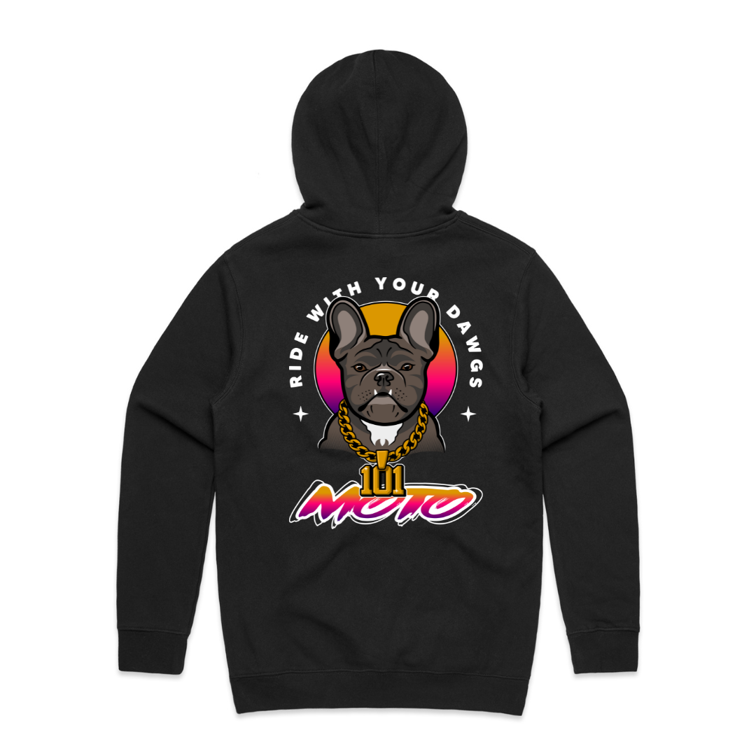 Bruce Dawg Hoodie - dog wearing a stylish, comfortable hoodie with the brand logo