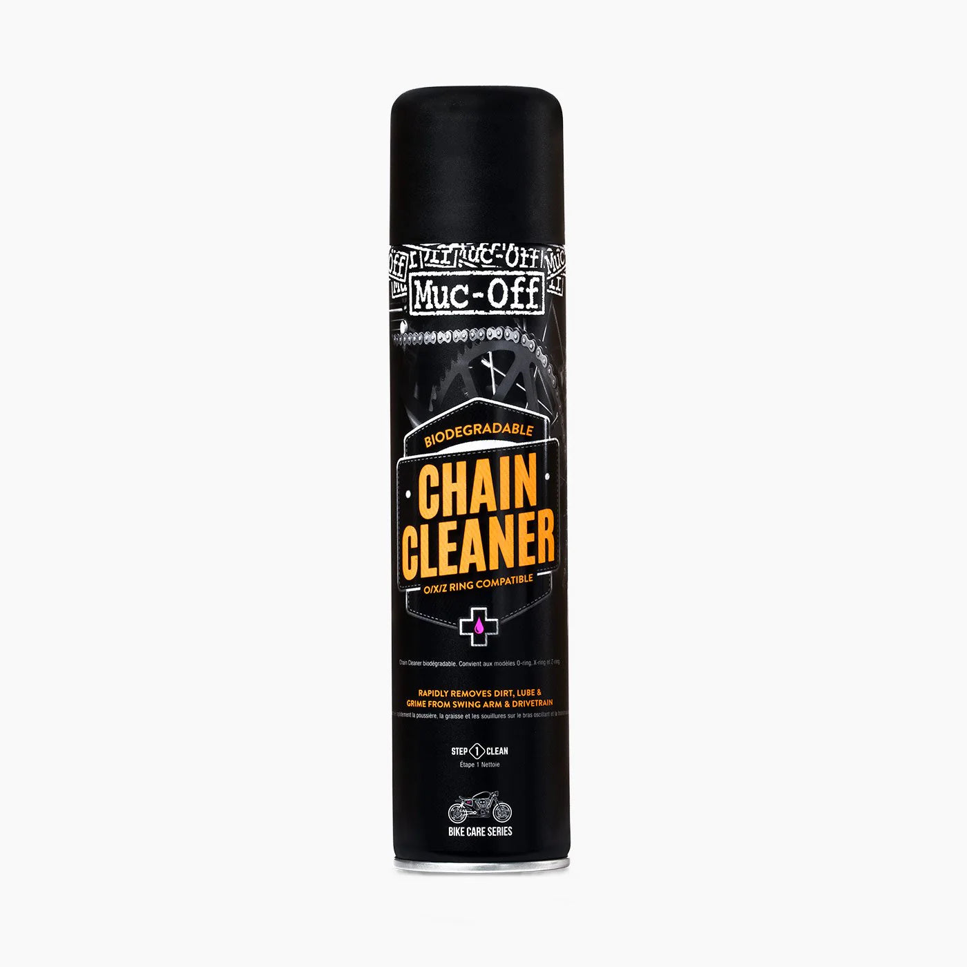 Muc-off Motorcycle Chain Cleaner 400ml can spray applicator on dirty motorcycle chain