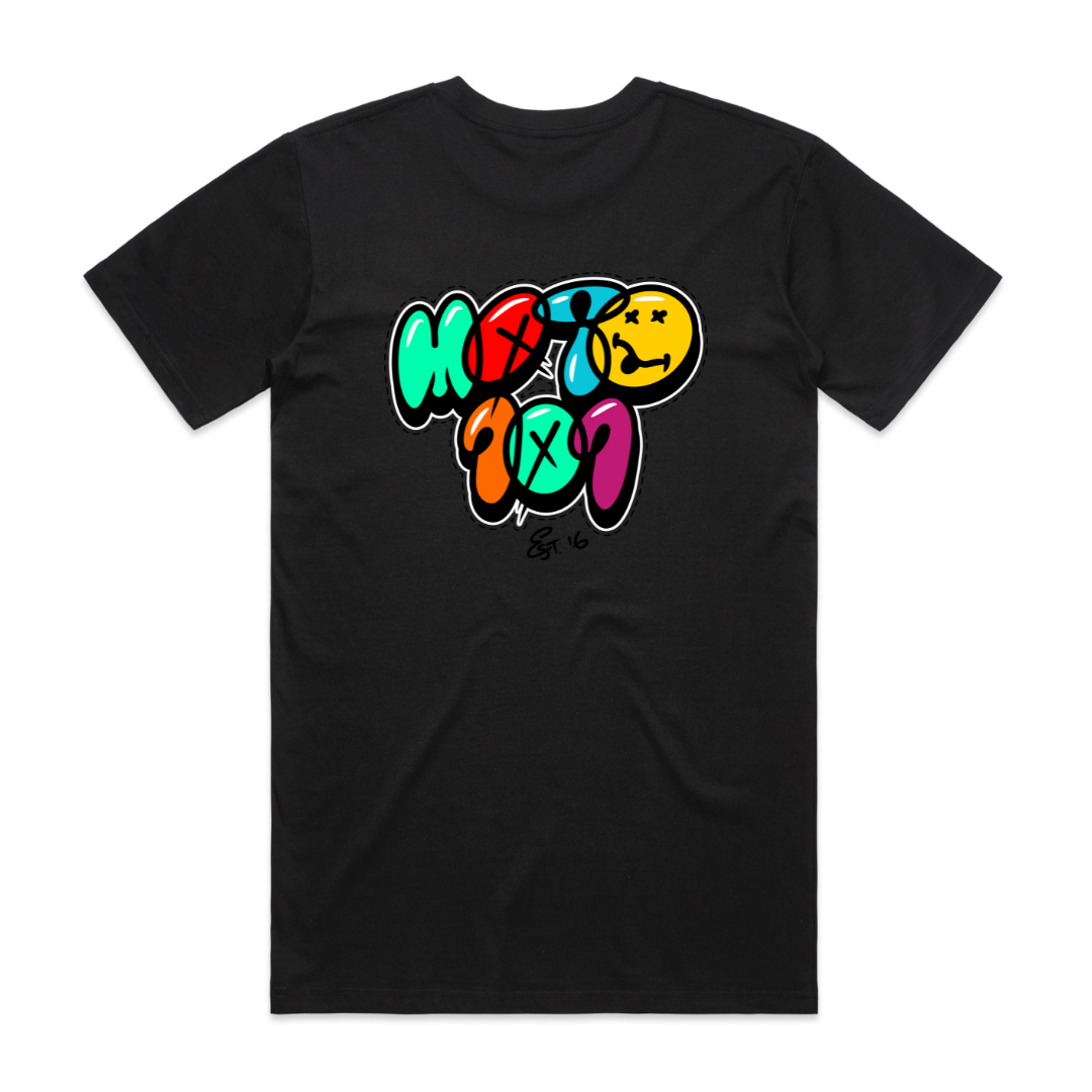 Colorful balloon graphic on a white tee-shirt