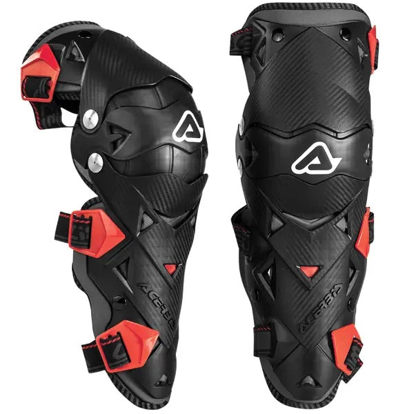 "IMPACT EVO 3.0 knee guard in black and red colors, showing side and front views on a white background"