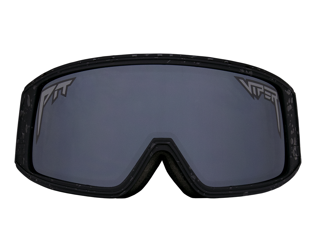 Person wearing The Blacking Out Goggles, stylish, full-coverage, dark lenses with a sleek black frame