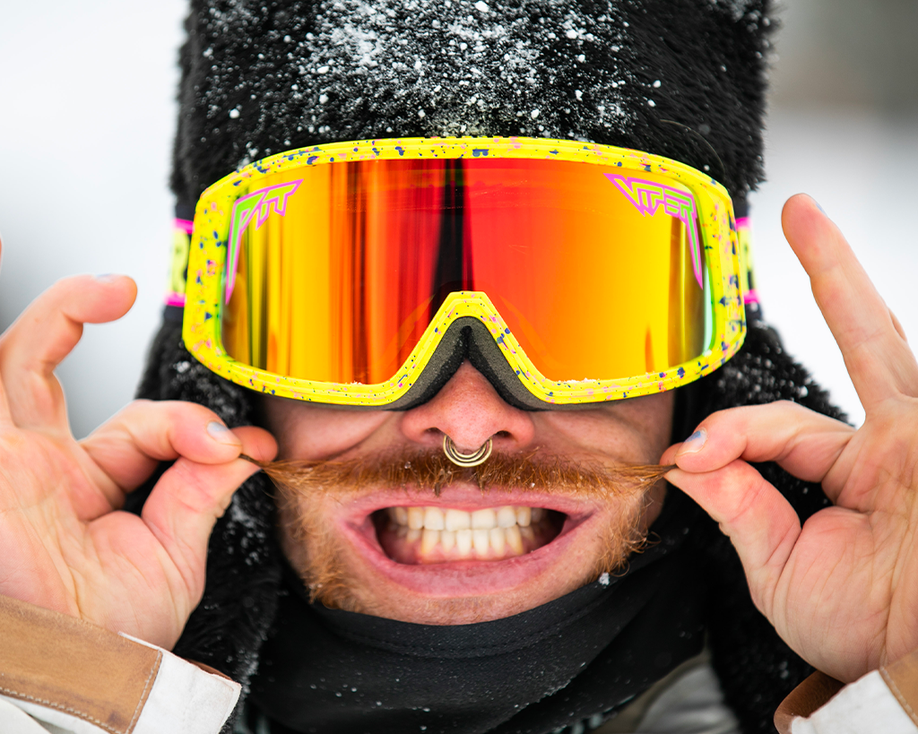 lifestyle - big stache stretch with 1993 goggles