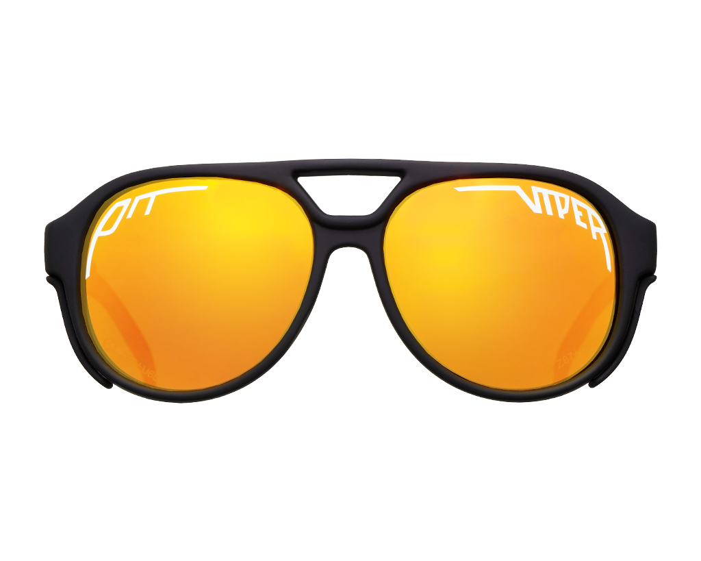 Polarized sunglasses with black frames and mirrored lenses, named The Rubbers Polarized Exciters.
