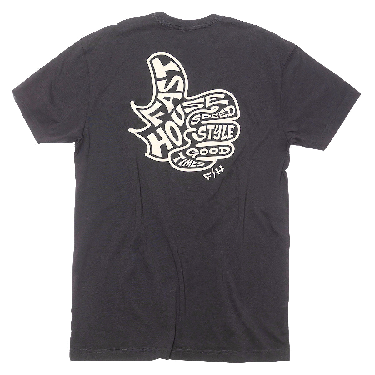 Black Satisfaction Tee with bold graphic print on front, displayed on a plain background.