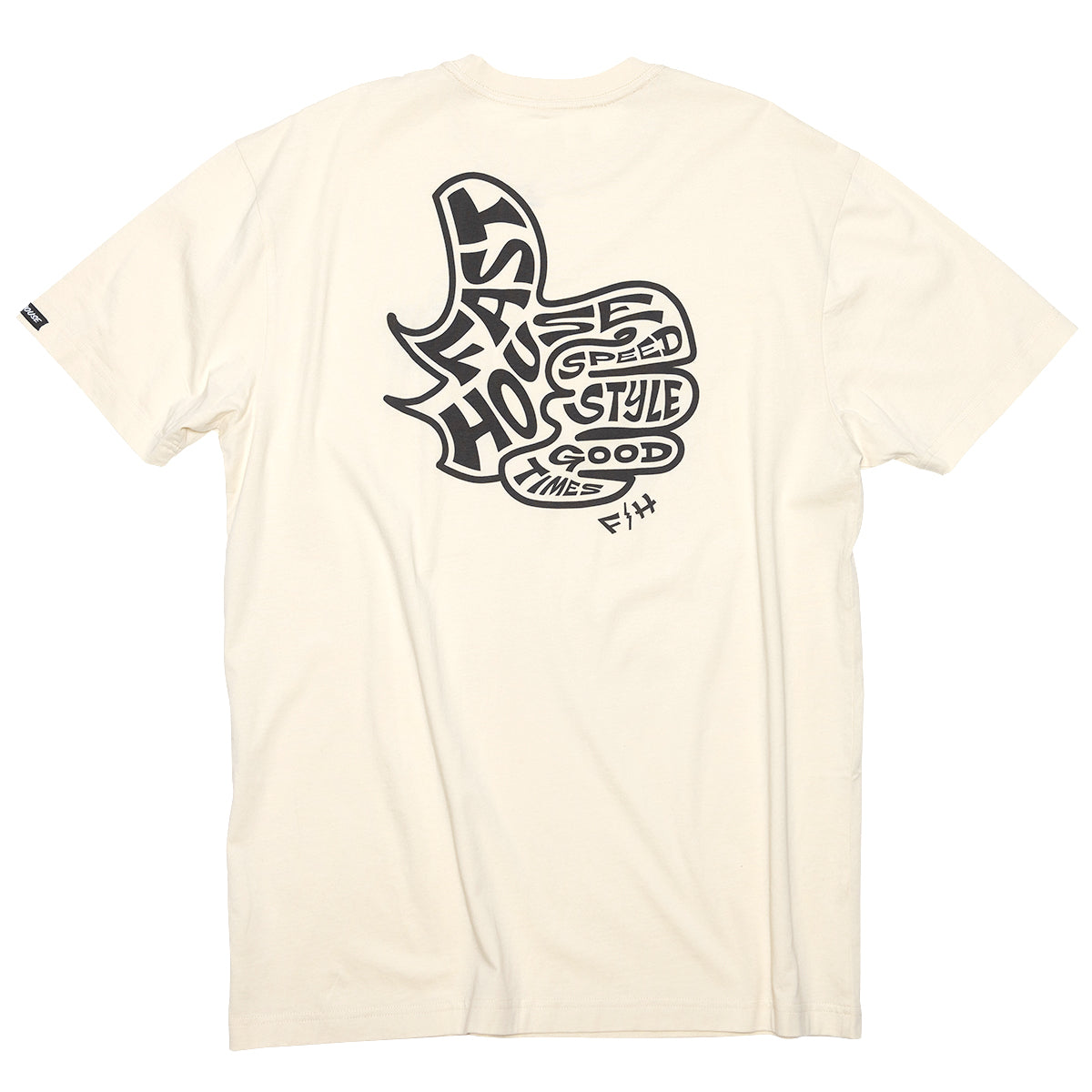 Satisfaction Tee in natural color displayed flat with front design visible