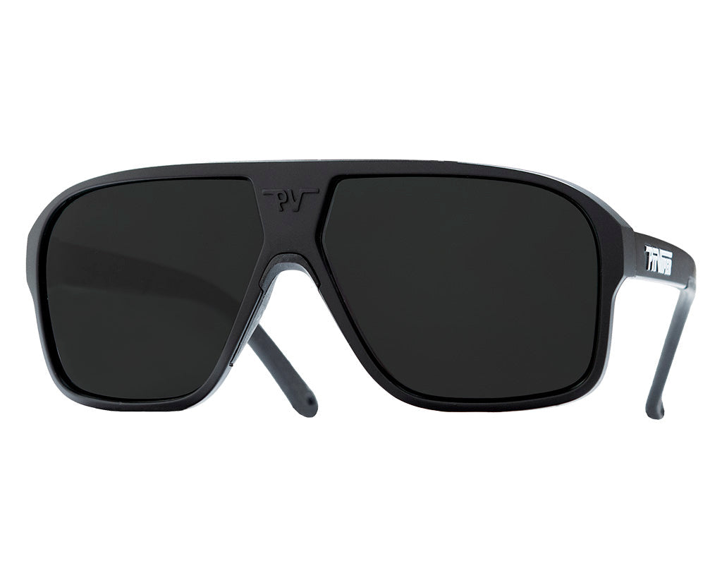 Standard Polarized Flight Optics sunglasses with reflective lenses and matte black frame on white background