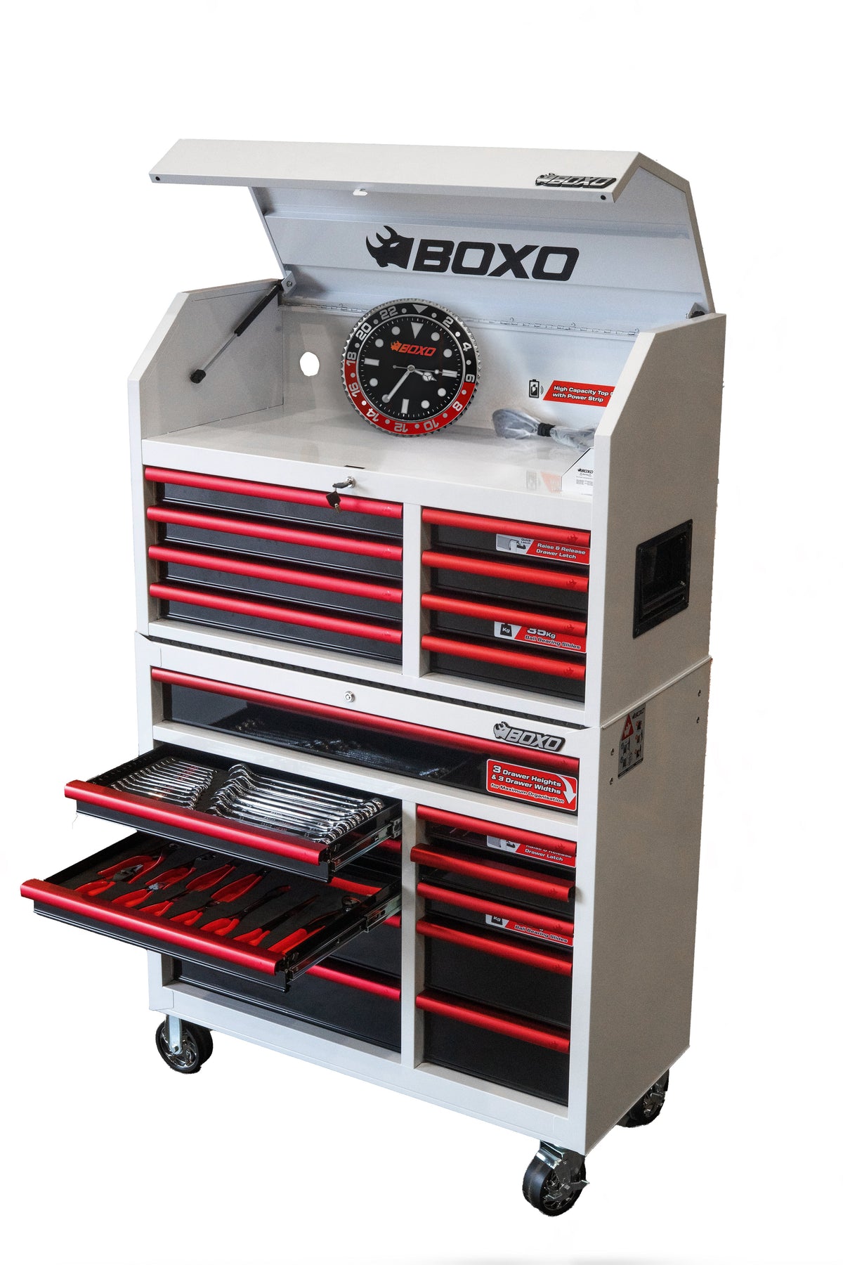 BOXO 41" 19 Drawer Toolbox Stack with FREE Master Spanner Set, Master Plier Set & Wall Clock