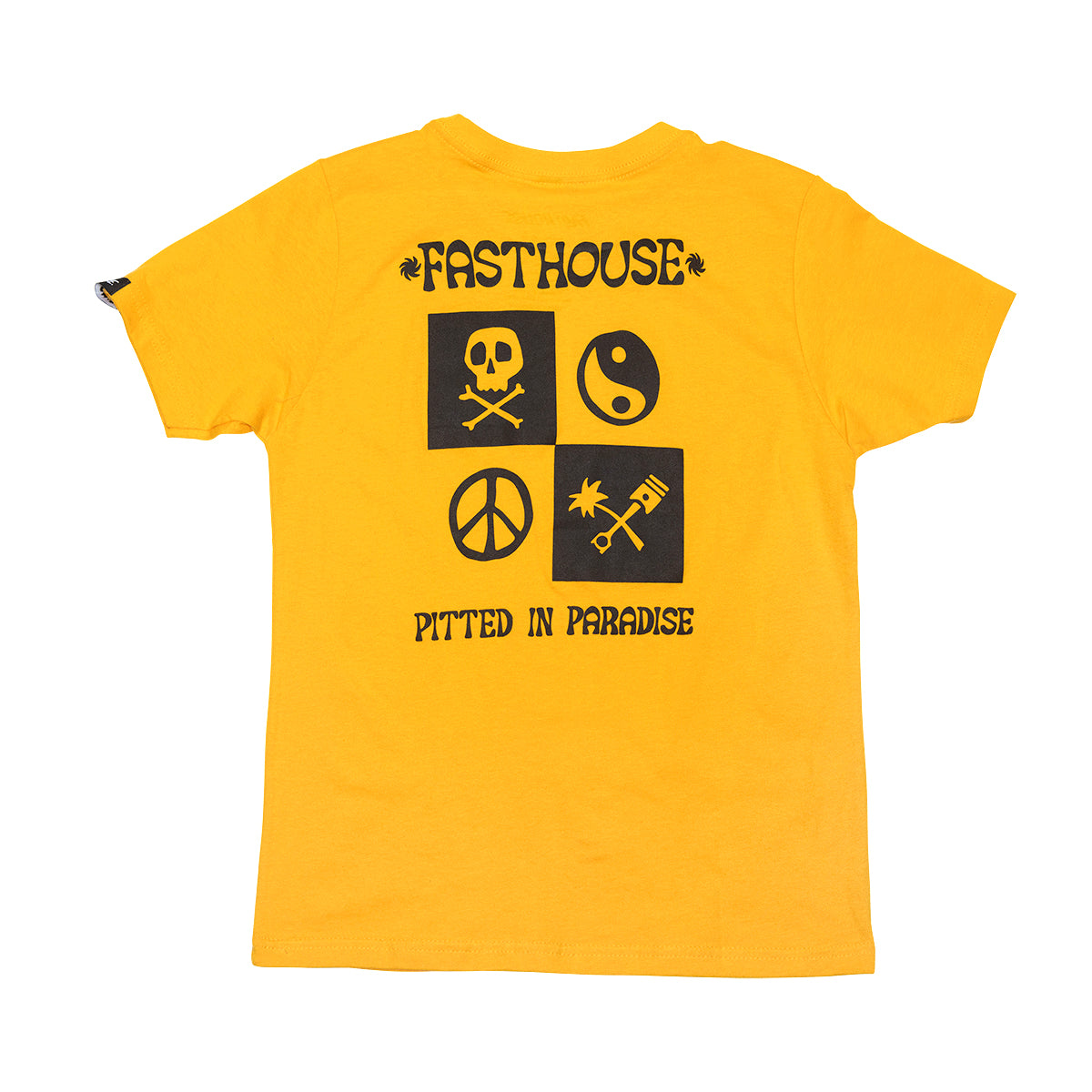 Youth wearing a Gold Mine Youth Tee featuring a gold-themed graphic design