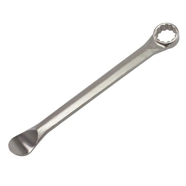 Tyre lever and 27 mm axle nut wrench combo tool on white background
