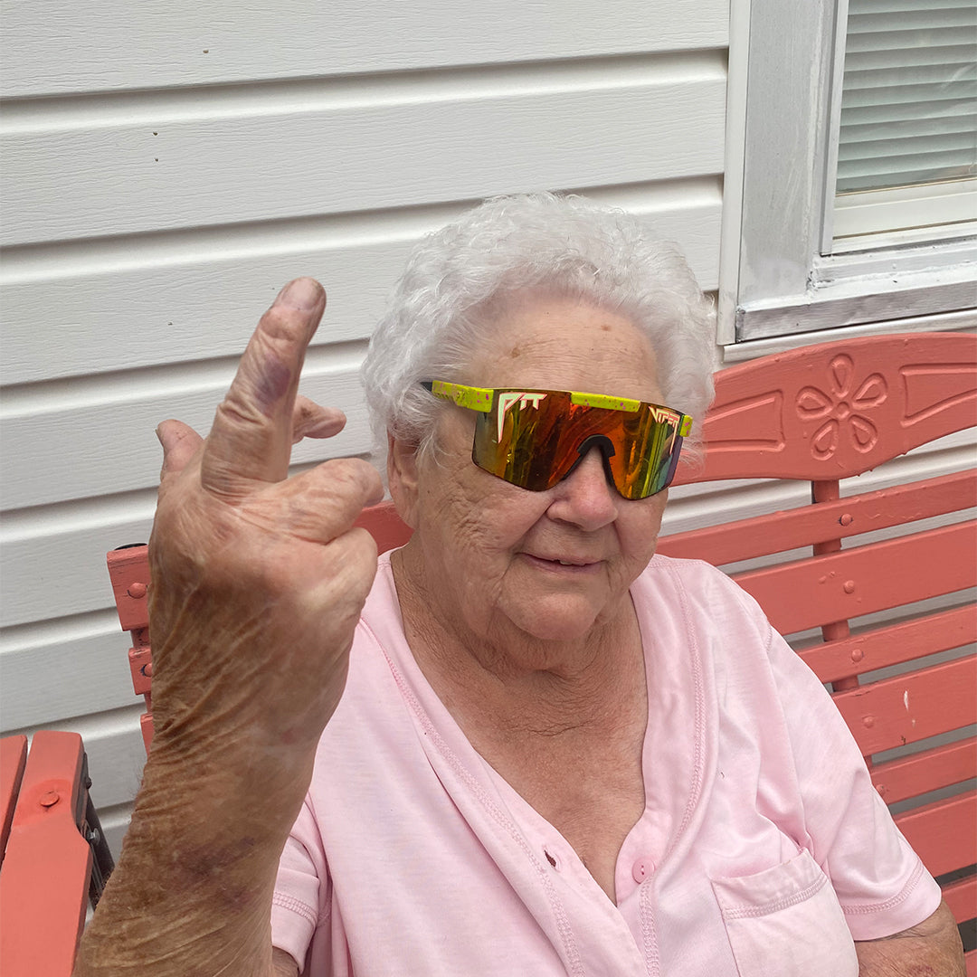 / Polarized Rainbow | Old woman flipping off camera wearing Pit Viper Sunglasses