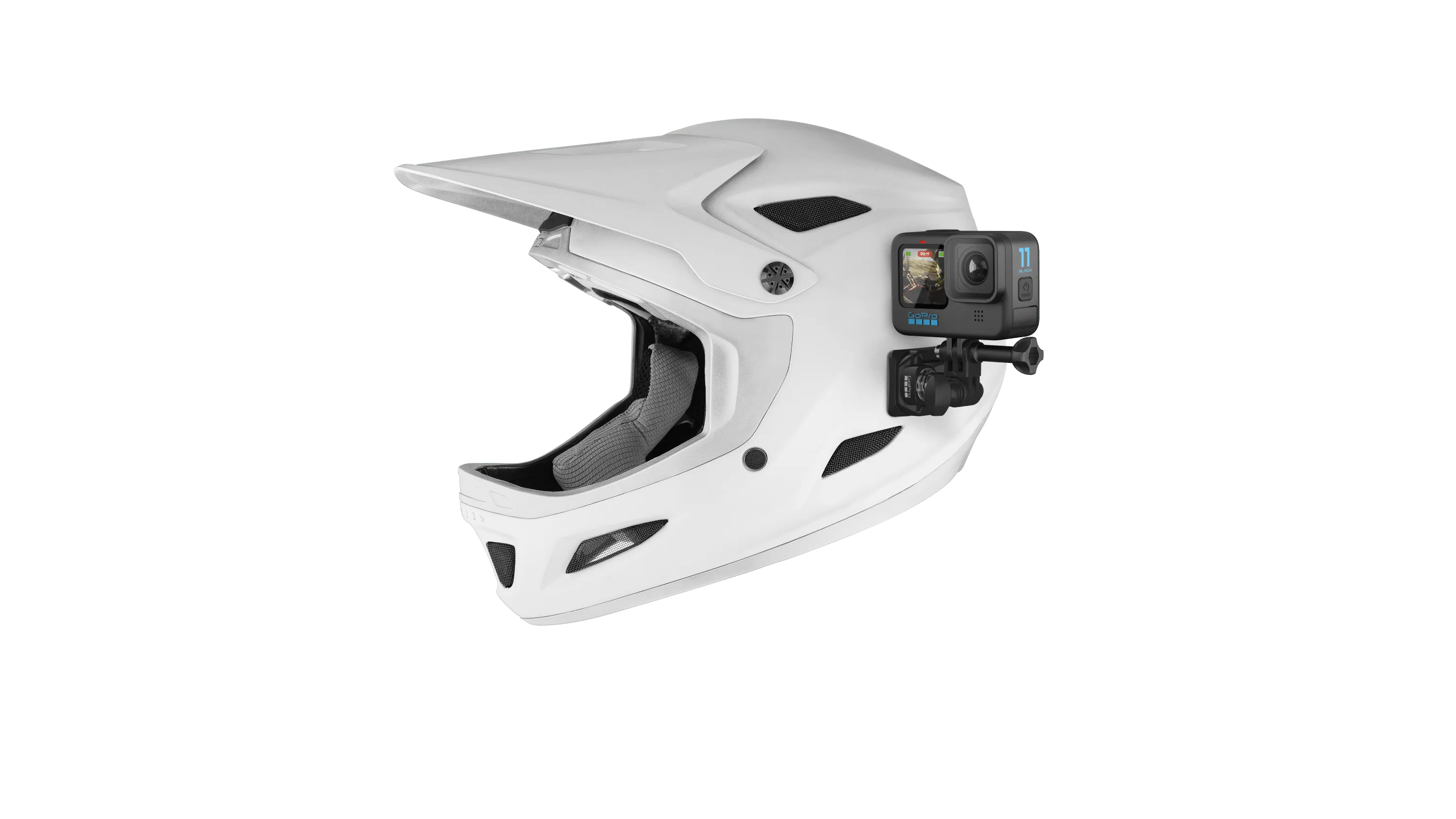 Action camera mount system for helmets, showing front and side views
