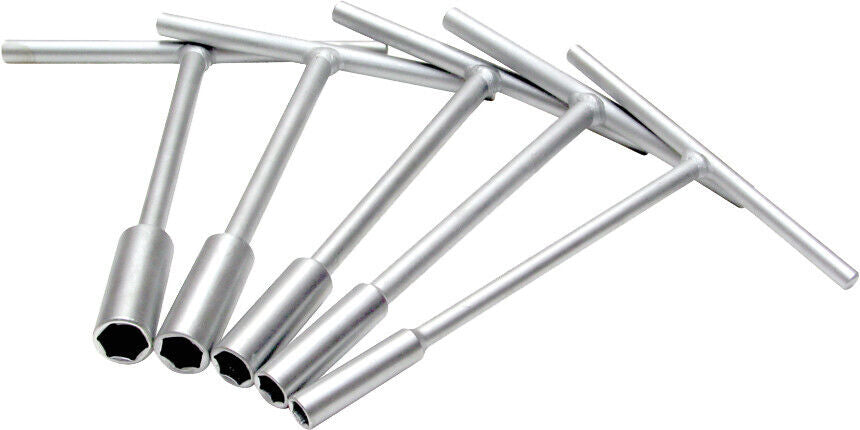 Set of 5 T-handle wrenches in sizes 8, 10, 12, 13, 14mm on white background